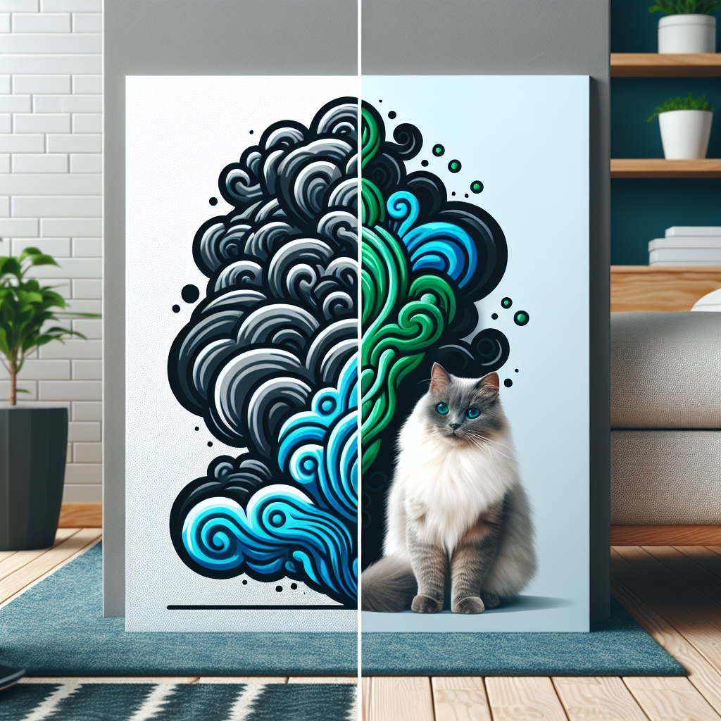 A vibrant, modern graphic illustration depicting the transformation of bad odor into freshness. A stylized, dark, swirling cloud of unpleasant smell (like cat urine odor) is shown dissipating and transforming into a bright, clean, light blue and green fresh air cloud. In the background, a happy, relaxed cat is shown enjoying a pristine, clean home environment. The design should be clean and symbolize effective neutralization.
