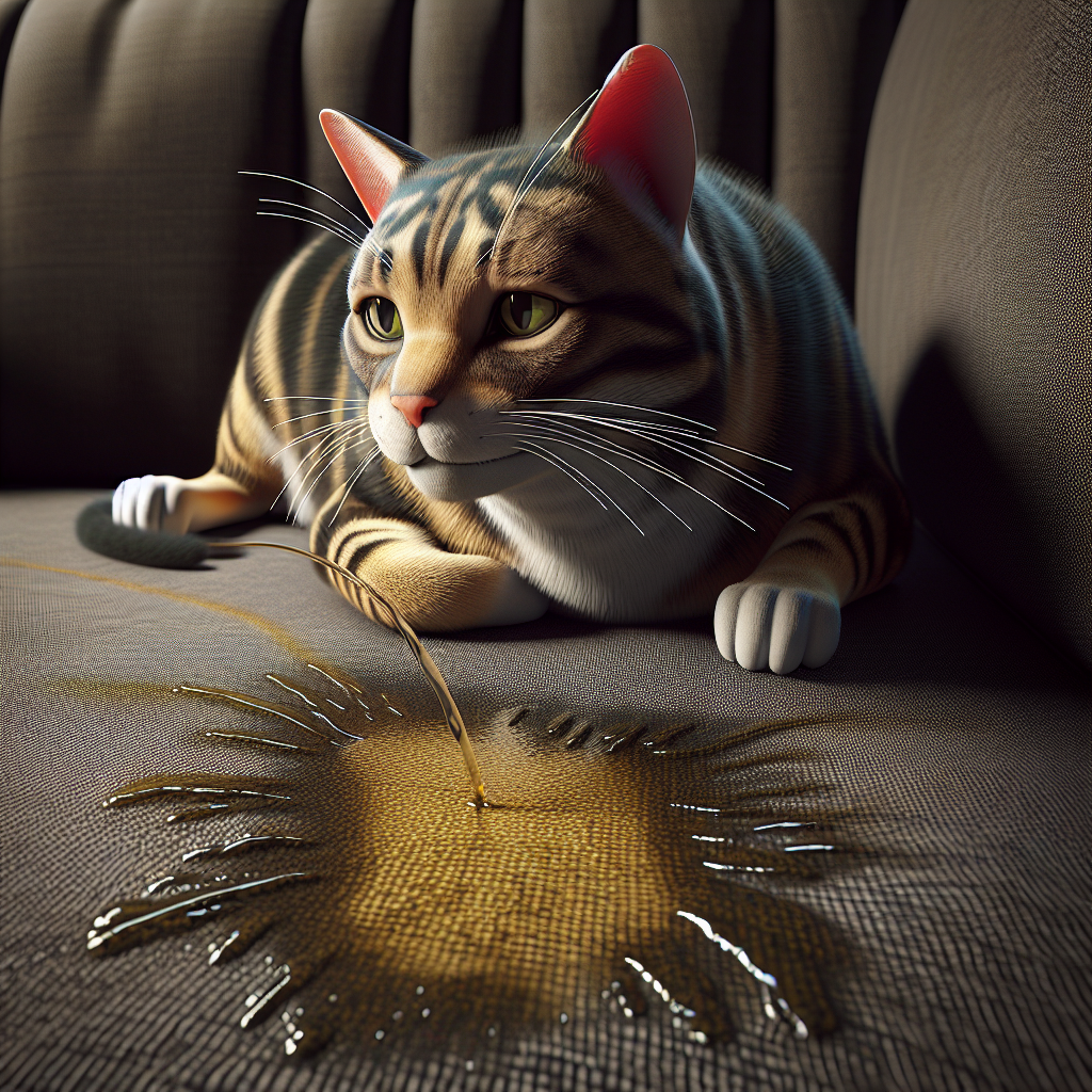 A close-up, realistic photo of a domestic cat looking guilty while a visible, pungent puddle of urine with subtle vapor lines representing strong odor emanates from it, soaking into a dark fabric sofa cushion. The scene is indoors, slightly desaturated to emphasize the unpleasantness.