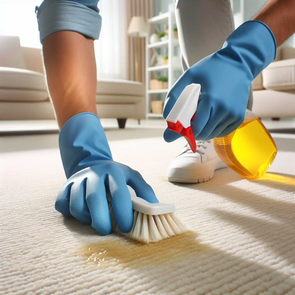 A pair of gloved hands diligently scrubbing a persistent, faint yellow stain on a cream-colored living room carpet with a specialized cleaning spray and a brush. The background shows a bright, clean home, symbolizing the effort to restore freshness. Focus on the active cleaning process.