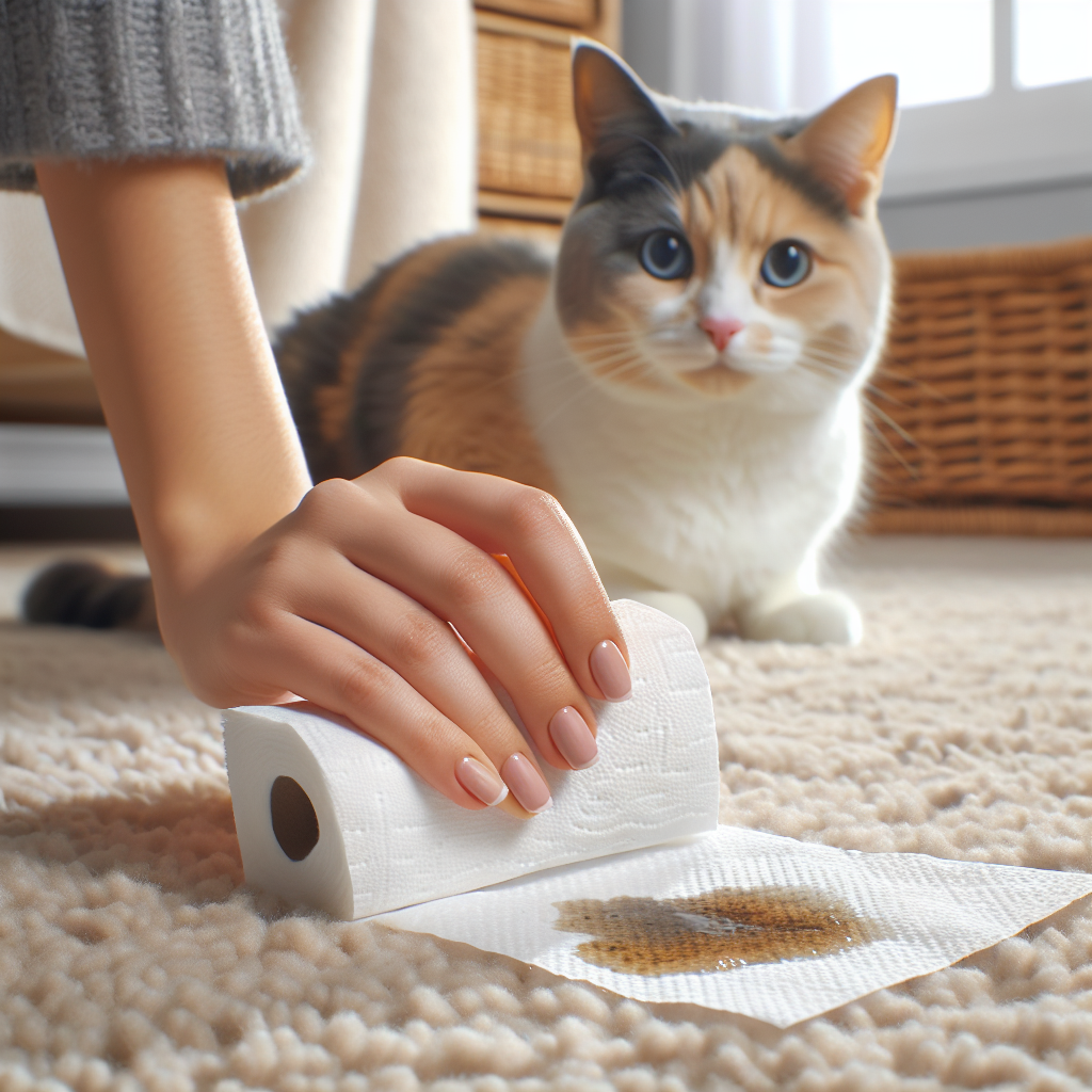 A close-up shot of a hand gently pressing a stack of white paper towels onto a small, fresh cat urine stain on a light beige carpet. The scene is clean, well-lit, and conveys immediate, careful action. In the soft-focus background, a cute cat looks slightly sheepish. Realistic, warm lighting, blog article style.