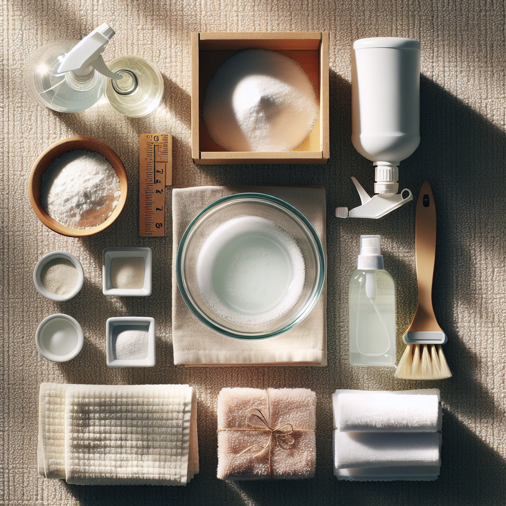 An aesthetic overhead flat lay of essential cleaning supplies for removing cat urine: a small glass bowl of white vinegar solution, an open box of baking soda, a clean spray bottle, and a stack of fresh microfiber cloths. These items are neatly arranged on a clean, light-colored carpet, conveying effectiveness and simplicity. Bright, natural lighting, blog article style.