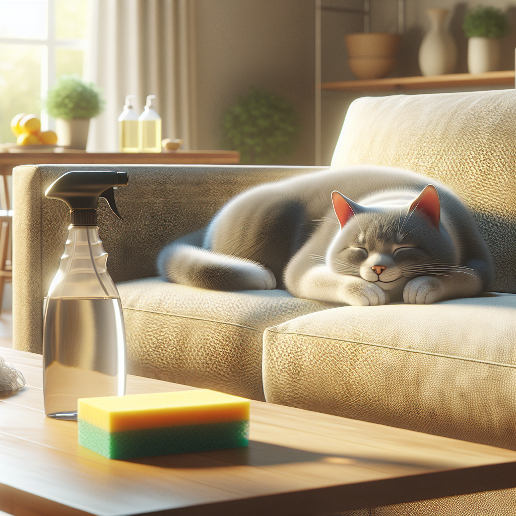 A contented domestic cat is curled up sleeping on a freshly cleaned, cozy sofa in a bright, sunlit living room. Nearby, a spray bottle with a natural cleaner (like vinegar or lemon water) and a clean sponge are visible on a coffee table, subtly hinting at the recent cleaning efforts. The atmosphere is serene, fresh, and inviting. Realistic photo style with soft, natural light.