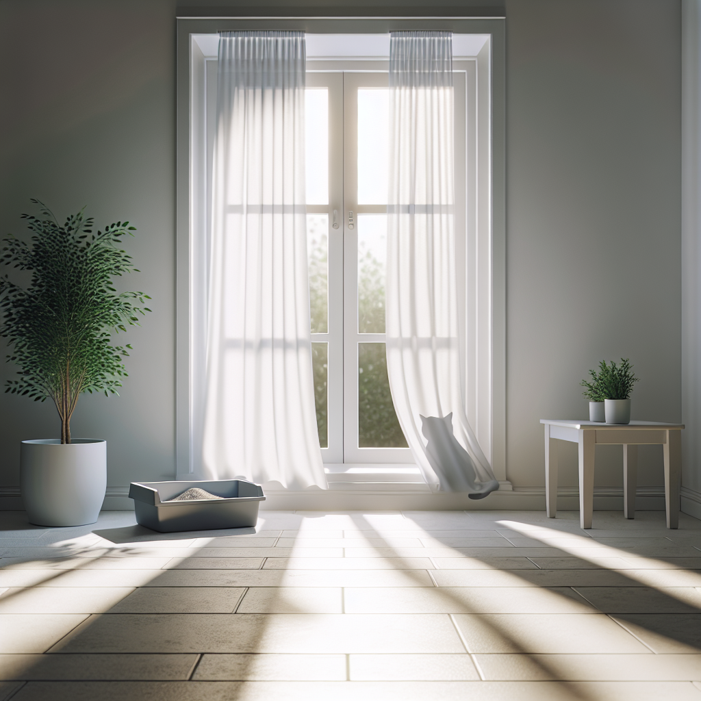 An open window in a clean, minimalist room, letting in a gentle breeze and bright natural light. Sheer white curtains are billowing softly. On the floor or a nearby shelf, a tidy cat litter box is discreetly placed, emphasizing a clean and fresh home environment. A small, decorative houseplant adds a touch of green. Realistic, high-quality photograph.