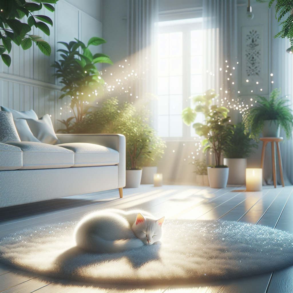 A serene and immaculately clean living room, bathed in soft daylight, with a contented cat curled up on a pristine, light-colored rug. The room features fresh air, green plants, and an overall sense of freshness and harmony, symbolizing an odor-free home. Realistic, high detail, cozy atmosphere.