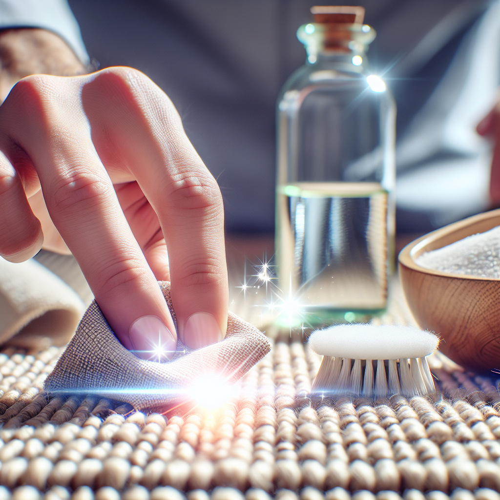 A close-up shot showing a person's hand using a cloth to wipe a subtle, almost invisible spot on a woven carpet. In the background, slightly out of focus, are a bottle of white vinegar and a small bowl of baking soda, hinting at natural cleaning solutions. The scene emphasizes active cleaning and odor removal. Realistic, bright lighting.