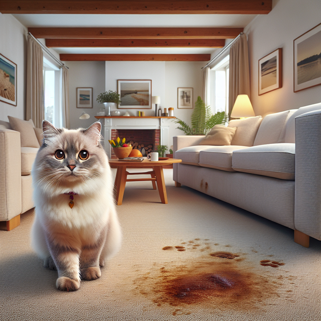 A slightly disheveled but cozy living room with a fluffy cat looking somewhat guilty near a faint, almost invisible stain on a light-colored carpet or sofa. The overall atmosphere feels a little less fresh, hinting at a subtle cat odor problem. Realistic, indoor photo.
