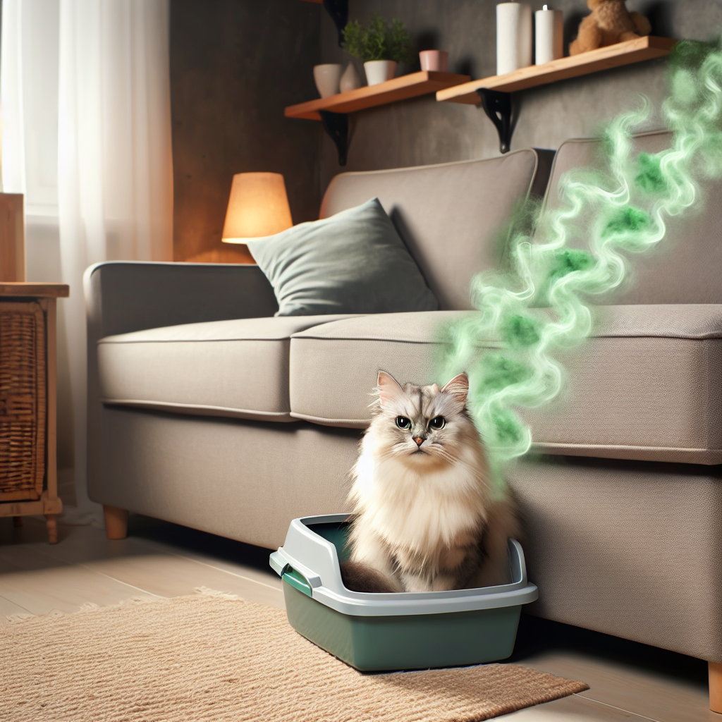 A cozy, domestic living room with a fluffy cat. Subtle, translucent green-grey wavy lines are visibly emanating from a hidden corner near a litter box, illustrating the presence of an unpleasant cat odor in the apartment. The overall mood suggests a need for cleaning.