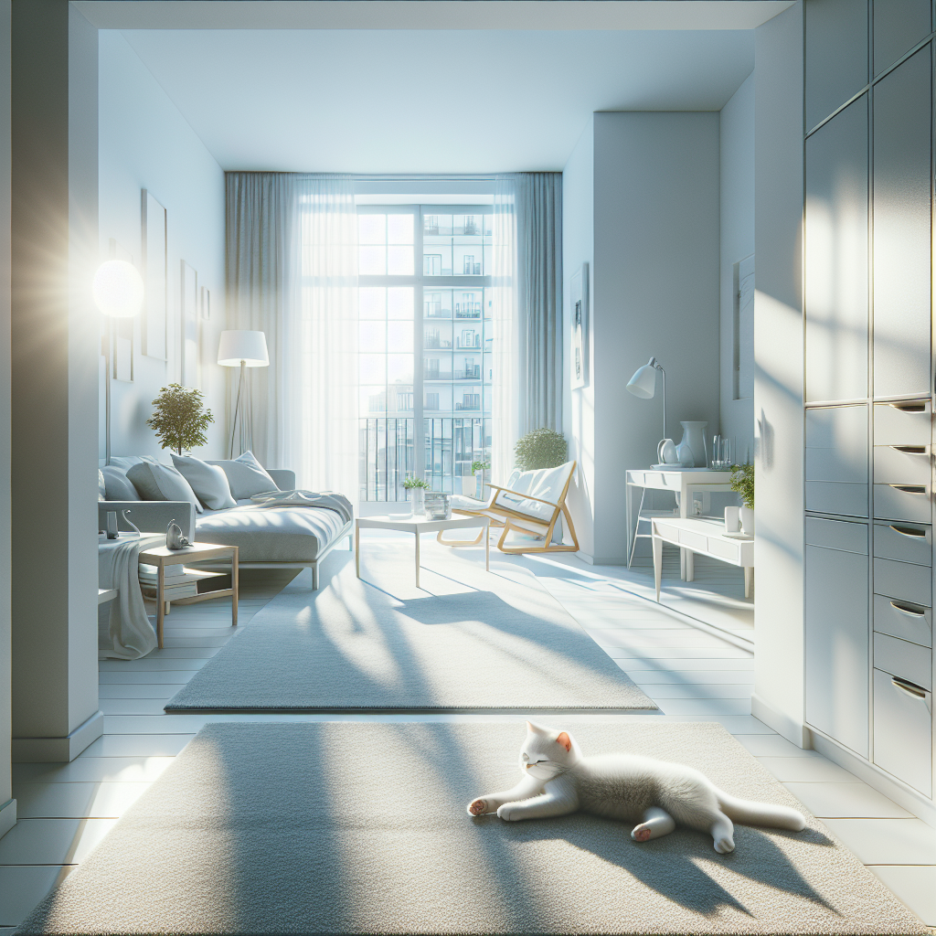 A sparkling clean and fresh-smelling apartment, with a happy, relaxed cat enjoying a sunbeam on a pristine rug. Open windows hint at good ventilation, and the air visually appears clear and pure, symbolizing the successful removal of cat odors. The scene is bright and inviting.