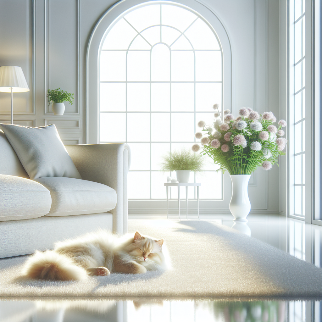 A pristine, sunlit living room with a contented, fluffy cat napping peacefully on a clean, light-colored sofa. The atmosphere is fresh and airy, with subtle details like a vase of fresh flowers, a sparkling clean floor, and soft natural light streaming through a window. The overall impression is one of a perfectly clean and odor-free home.