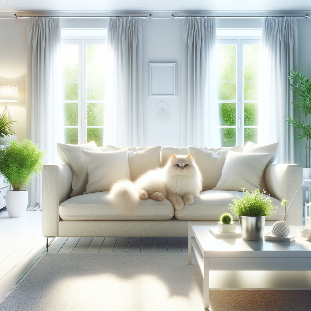 A clean, bright, and cozy living room, bathed in soft daylight. A fluffy, contented cat is curled up on a pristine, light-colored sofa. The air feels fresh and inviting, with subtle visual cues of cleanliness and a pleasant atmosphere, perhaps a minimalist air freshener or a potted plant in the background. The overall impression is one of a fresh, odor-free home, realistic photo style.
