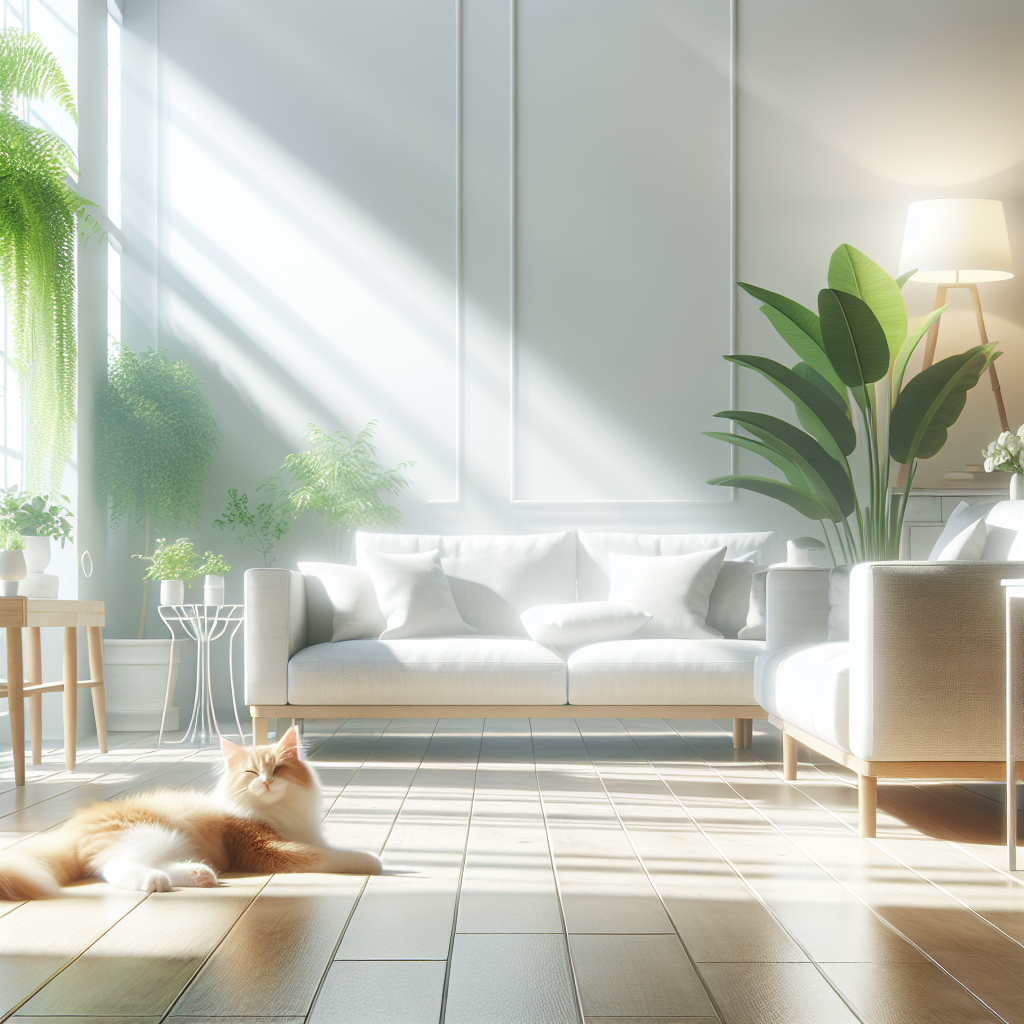 A cozy, sunlit living room, impeccably clean and radiating a sense of freshness. A beautiful, content cat is gracefully perched on a pristine, light-colored sofa. The room feels airy, bright, and completely free of any odors, with subtle hints of natural light and green plants enhancing the fresh atmosphere. Focus on warmth, hygiene, and tranquility.