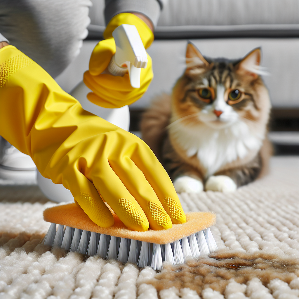 A close-up shot of a person's hands wearing yellow rubber cleaning gloves, actively scrubbing a small, discolored spot on a light-colored carpet with a spray bottle and a soft brush. In the background, slightly out of focus, a curious, cute cat observes the cleaning process from a short distance. The scene emphasizes effective cleaning and the removal of pet stains/odors, with good lighting highlighting the effort.