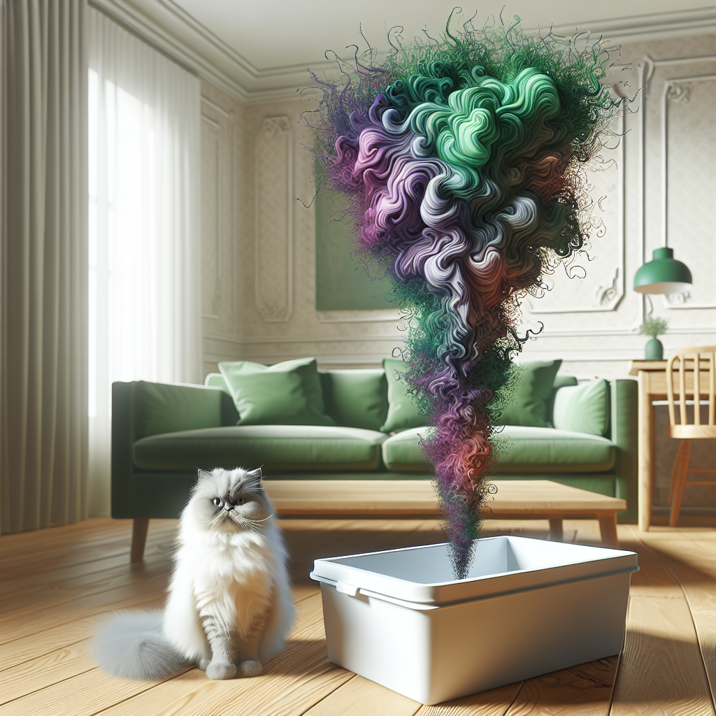 A stylized depiction of a strong, unpleasant odor cloud emanating from a clean, modern cat litter box in a cozy apartment living room. The odor cloud is visually impactful with swirling, slightly green and purple lines, symbolizing the pungent smell. A cute, fluffy cat sits nearby, looking nonchalant. The overall aesthetic is clean and bright, but the prominent smell visual is the focus. Blog header style, slightly cartoonish but realistic.