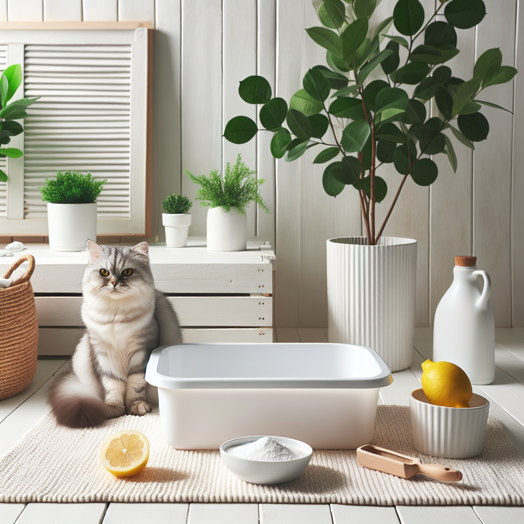 A bright and fresh indoor scene showcasing effective odor neutralization. A pristine, modern cat litter box is surrounded by natural odor neutralizers: a small bowl of white baking soda, a freshly cut lemon half, and a potted green plant. Soft, natural light fills the clean, Scandinavian-style room, emphasizing freshness and airiness. A contented, well-groomed cat is relaxing peacefully in the background. Blog header style, clean and inviting.