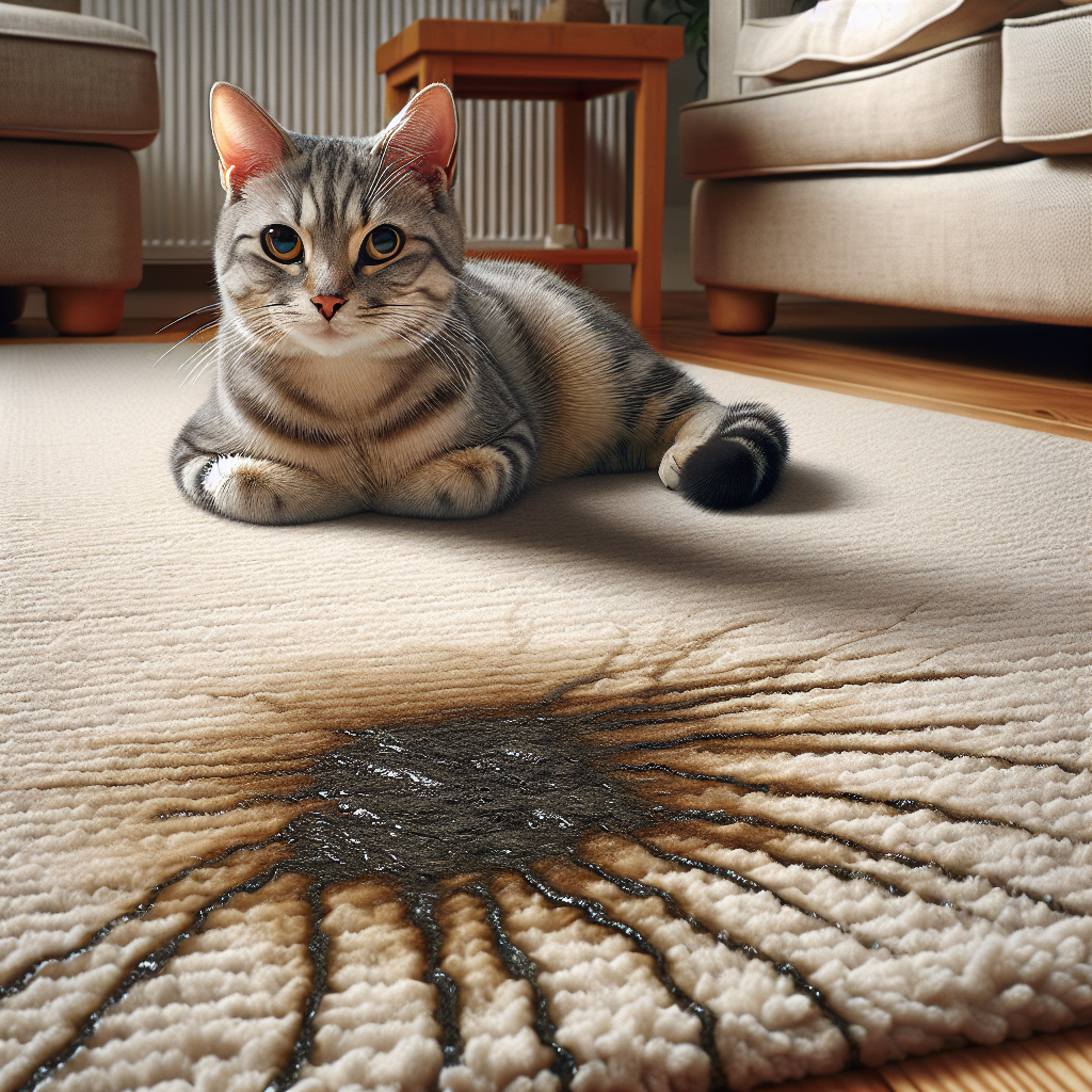 A mischievous domestic cat sits nonchalantly beside a prominent, wet urine stain on a light-colored living room carpet. The stain has a faint, stylized, unpleasant odor wafting from it, suggested by subtle, swirling lines. The setting is a cozy, slightly distressed home interior, emphasizing the problem. Realistic, high detail, soft ambient light.
