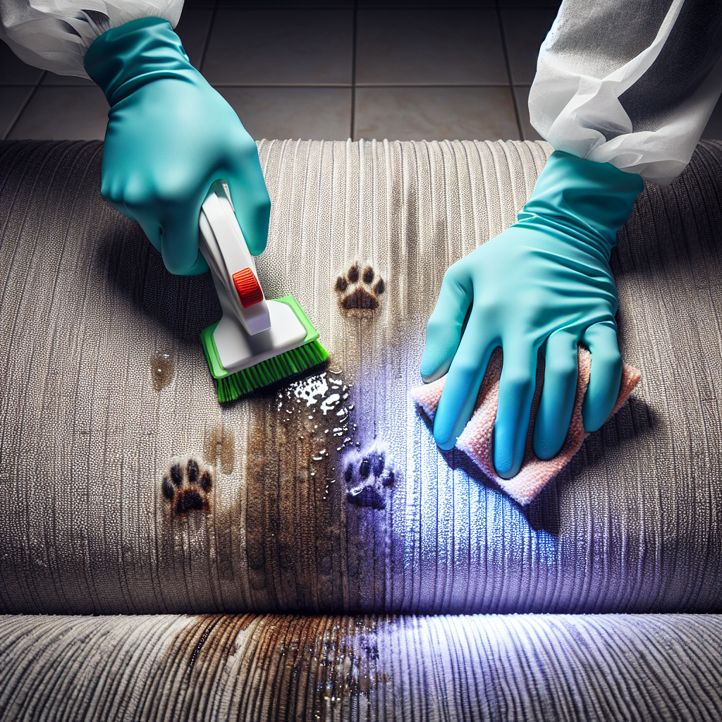 A close-up shot of hands wearing protective gloves, actively scrubbing a stubborn cat urine stain on a textured sofa fabric with a specialized enzyme cleaner. The area is partially clean, showing a clear distinction between the soiled and cleaned parts. A subtle glow from a UV blacklight reveals faint traces of the stain, emphasizing thorough cleaning. Bright, detailed, action-oriented, indoor setting.