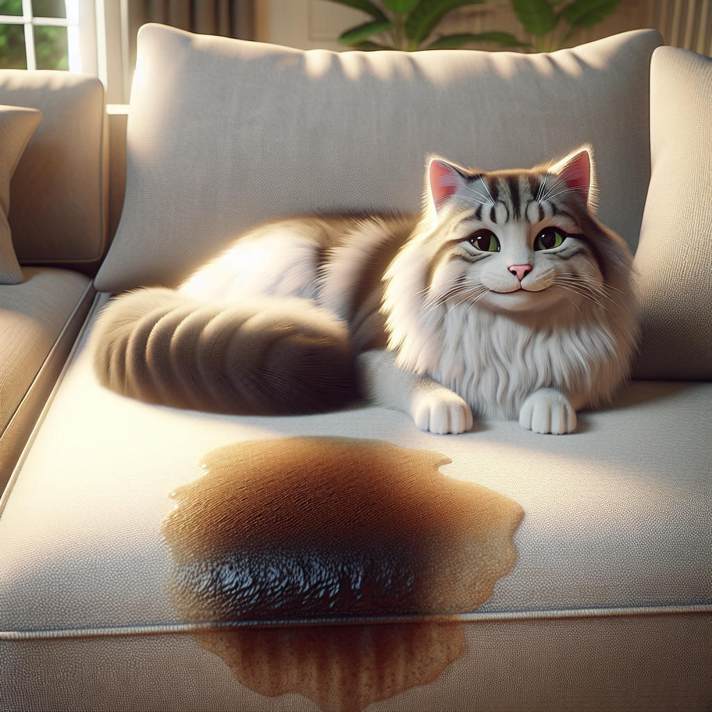 A fluffy, content tabby cat is curled up on a plush, light grey sofa in a sunlit living room. Next to the cat, on the sofa cushion, there is a very subtle, slightly darker, damp-looking patch. The cat is looking innocently towards the viewer. The scene is cozy and domestic, with soft natural light, in a high-quality, realistic photograph style.
