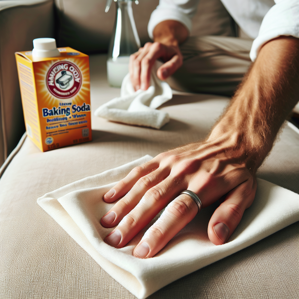 A close-up, high-angle shot of a person's hand, wearing a simple ring, gently pressing a clean white cloth onto a light beige sofa cushion. In the softly blurred background on a nearby surface, an open box of baking soda and a bottle of white vinegar are visible. The scene emphasizes effective cleaning and home remedies, with warm, soft lighting. Realistic photography.