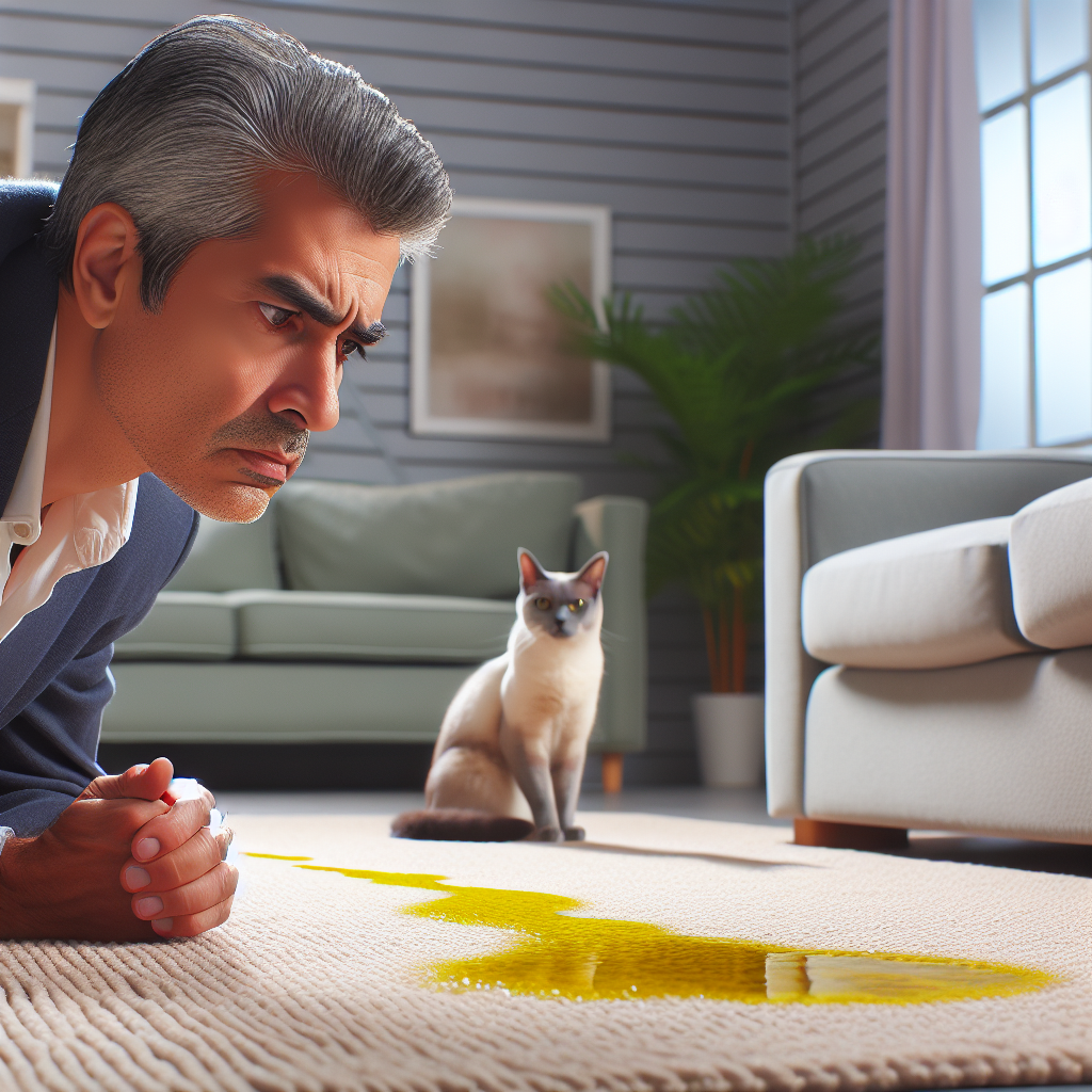 A realistic domestic scene depicting a fresh, slightly glowing yellow cat urine stain prominently on a light-colored carpet or upholstery. Subtle wavy lines emanate from the stain to visually suggest a strong, unpleasant odor. In the background, a person looks at the stain with a visibly frustrated or exasperated expression. A curious or guilty-looking cat is nearby. Soft, natural indoor lighting, capturing the immediate aftermath of a pet mishap.