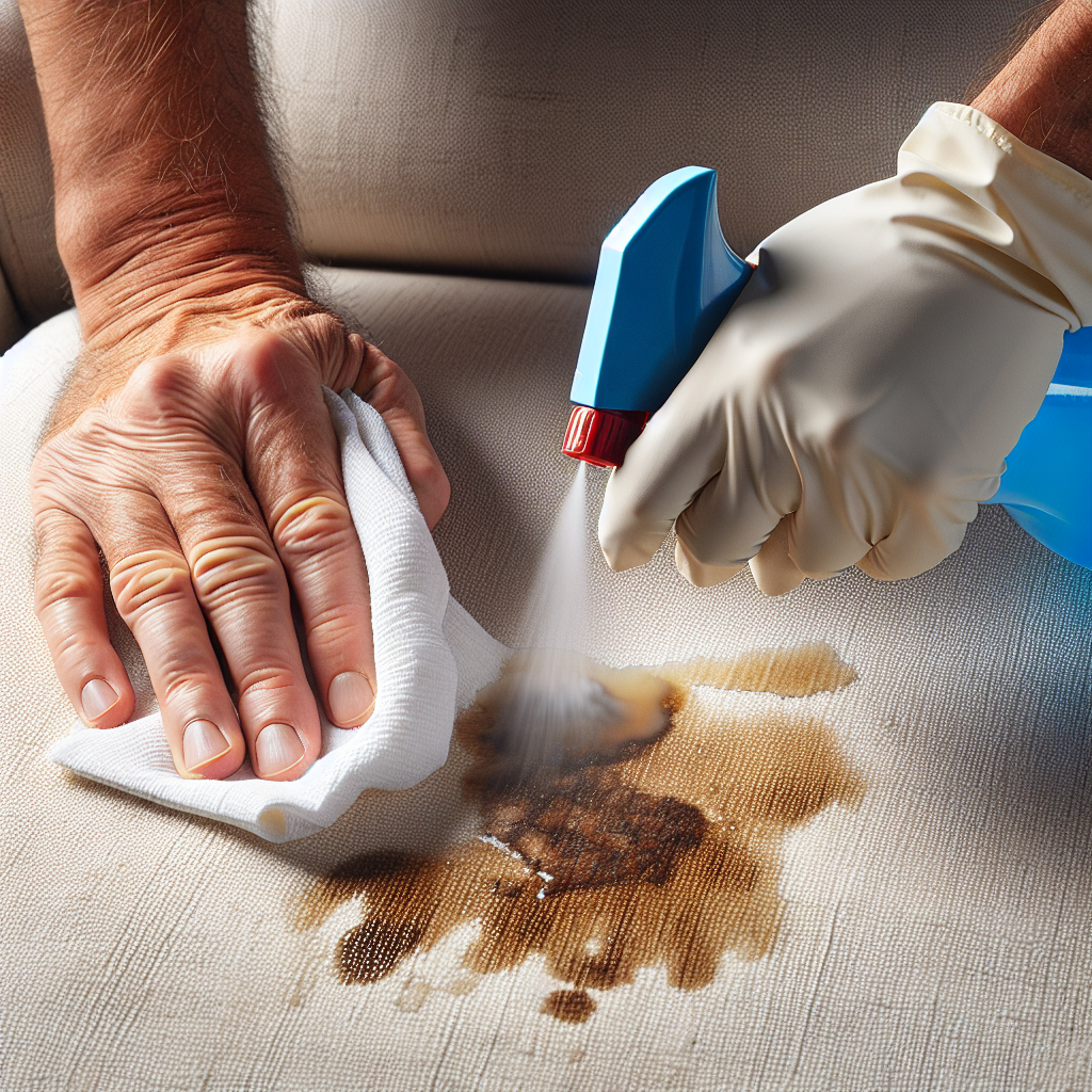 A close-up, realistic image of hands actively cleaning a cat urine stain on a fabric sofa or a carpet. One hand holds a spray bottle applying a cleaning solution, while the other uses a white cloth to gently blot the area. The cleaned area appears visibly lighter and fresher, symbolizing effective stain and odor removal. The setting is bright and clean, emphasizing the solution and successful cleaning process.
