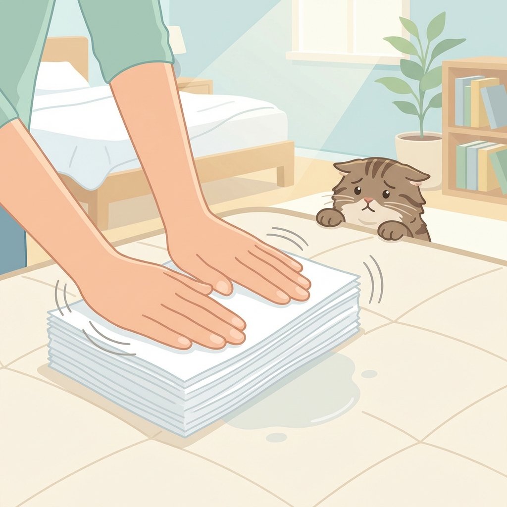 A clean, bright flat illustration depicting the immediate reaction to a cat urine accident on a mattress. A pair of human hands, positioned centrally, is firmly pressing several layers of clean, white paper towels onto a small, slightly discolored wet spot on a light-colored mattress. The action clearly demonstrates blotting rather than rubbing. In the background, a curious but slightly sheepish-looking domestic cat observes the scene from a distance, perhaps peeking over the edge of the bed. The overall atmosphere is one of quick, practical problem-solving in a household setting, emphasizing proactive intervention.