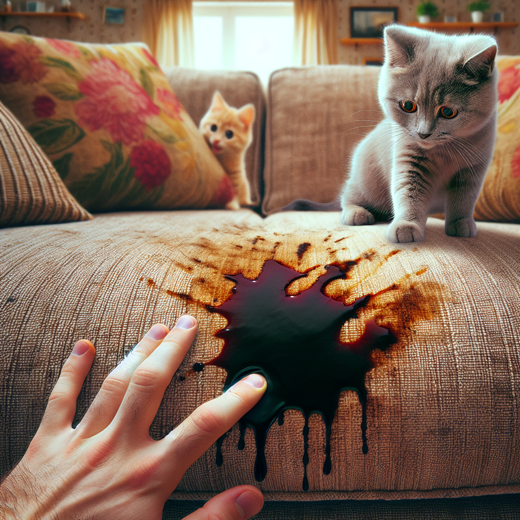A close-up shot of a plush, fabric sofa with a visible wet, dark stain from cat urine, causing a sense of unpleasantness. A small, innocent-looking cat sits nearby, slightly out of focus, while a human hand is hesitantly reaching towards the stained area, about to discover the full extent of the problem. The background is a blurred, cozy living room. Realistic, slightly desaturated colors to convey the initial shock and discomfort.