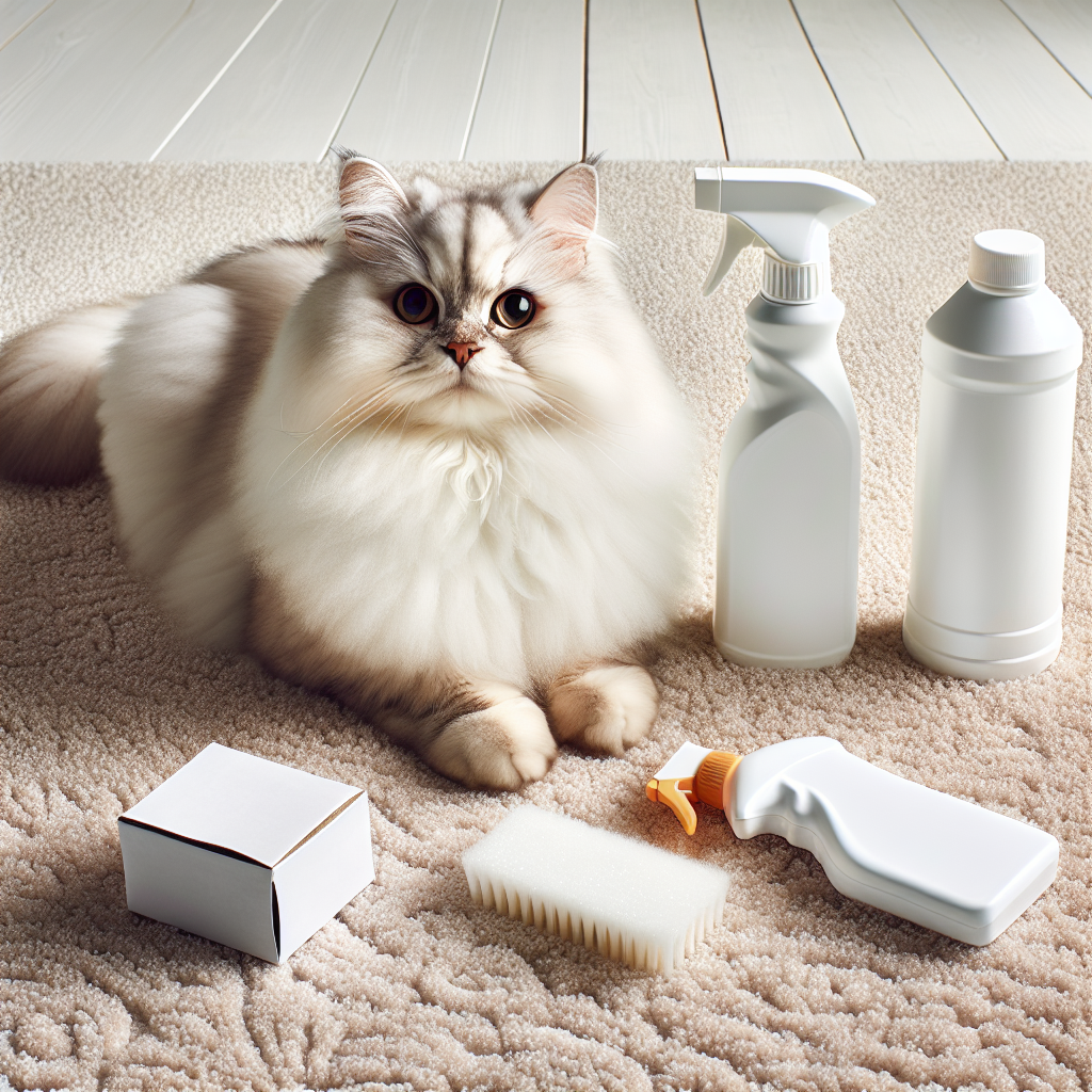 A fluffy, well-groomed cat, perhaps a British Shorthair or Maine Coon, sitting calmly on a clean, light-colored carpet. Next to the cat, subtly arranged, are various generic household cleaning items: a white spray bottle, an open box of baking soda, and a bottle of white vinegar. The scene is bright, modern, and has a cozy home aesthetic, conveying a sense of easy solutions and freshness. No visible stains or unpleasant elements. Realistic photograph, high quality.