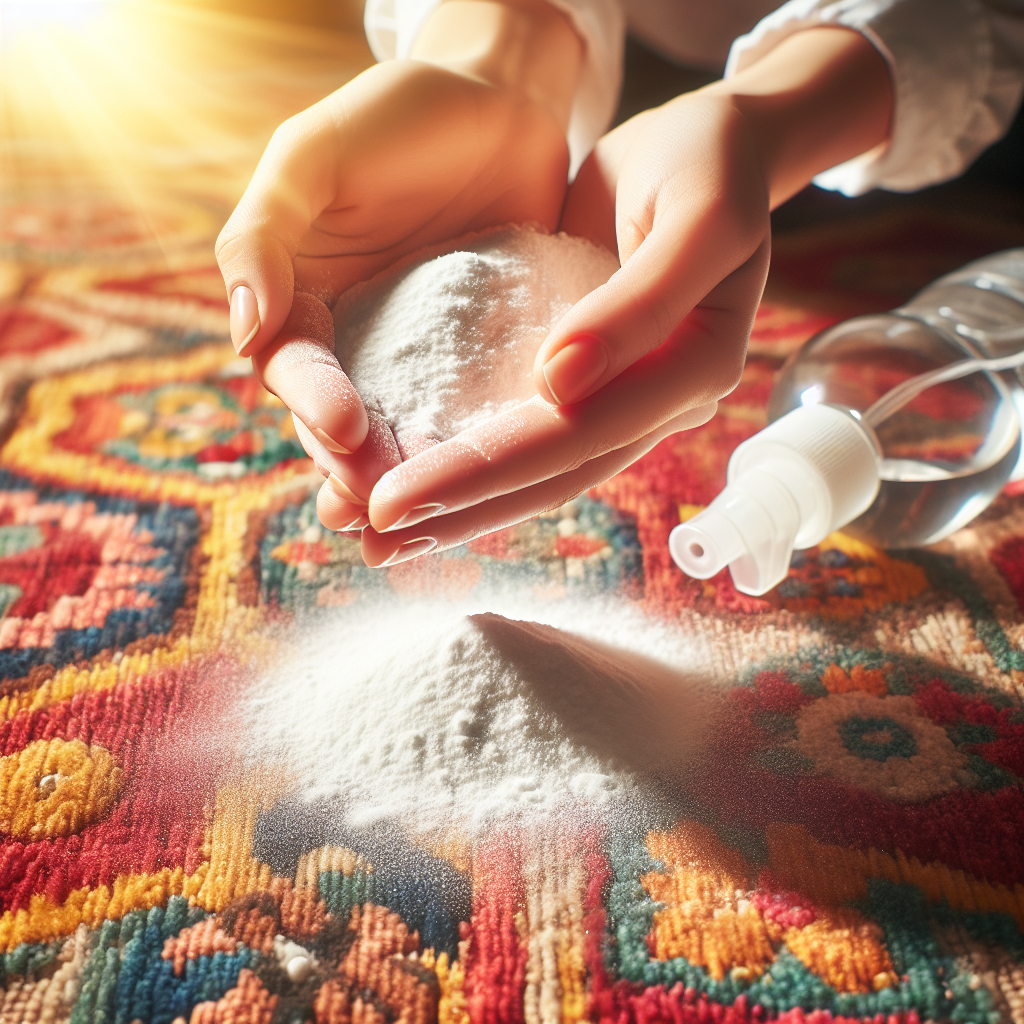Close-up of a pair of clean hands gently sprinkling white powder (representing baking soda) onto a textured surface like a carpet or upholstery fabric. In the softly blurred background, a generic spray bottle or a clear bottle of liquid (like vinegar) is visible. The lighting is natural and bright, emphasizing cleanliness, care, and the process of home remedy application. The image conveys effectiveness and freshness. Clean, high-resolution photograph.