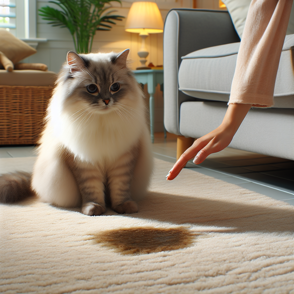 A fluffy, slightly mischievous-looking cat sitting next to a subtle, damp spot on a light-colored carpet in a cozy living room. A human hand is hesitantly reaching towards the spot, implying the discovery of an unpleasant odor. The scene captures a 'uh oh' moment, with warm, realistic lighting.