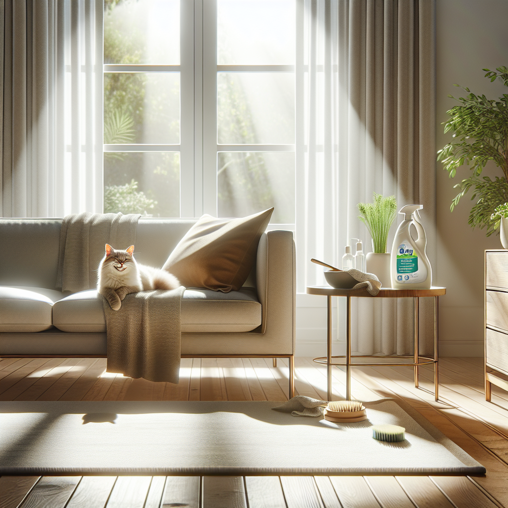 A bright, sparkling clean living room filled with natural light, featuring a plush, fresh-looking carpet and a comfortable sofa. A bottle of an enzymatic cleaner or a bowl of baking soda is subtly placed on a side table, suggesting a fresh, odor-free environment. A content, relaxed cat is curled up happily on the sofa, enjoying the clean air. Realistic, inviting, and clean photographic style.