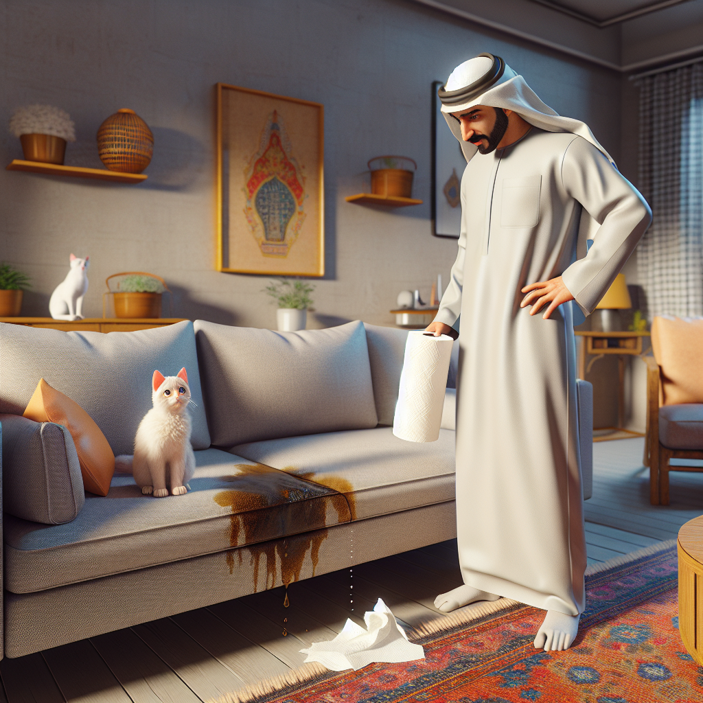 A realistic depiction of a cozy living room with a modern fabric couch. There's a noticeable wet stain from cat urine on one of the cushions. A slightly frustrated or concerned person is looking at the stain, holding a roll of paper towels. In the background, a cat is sitting innocently on a nearby armchair, observing. High detail, slightly muted colors to convey the annoyance, soft lighting.