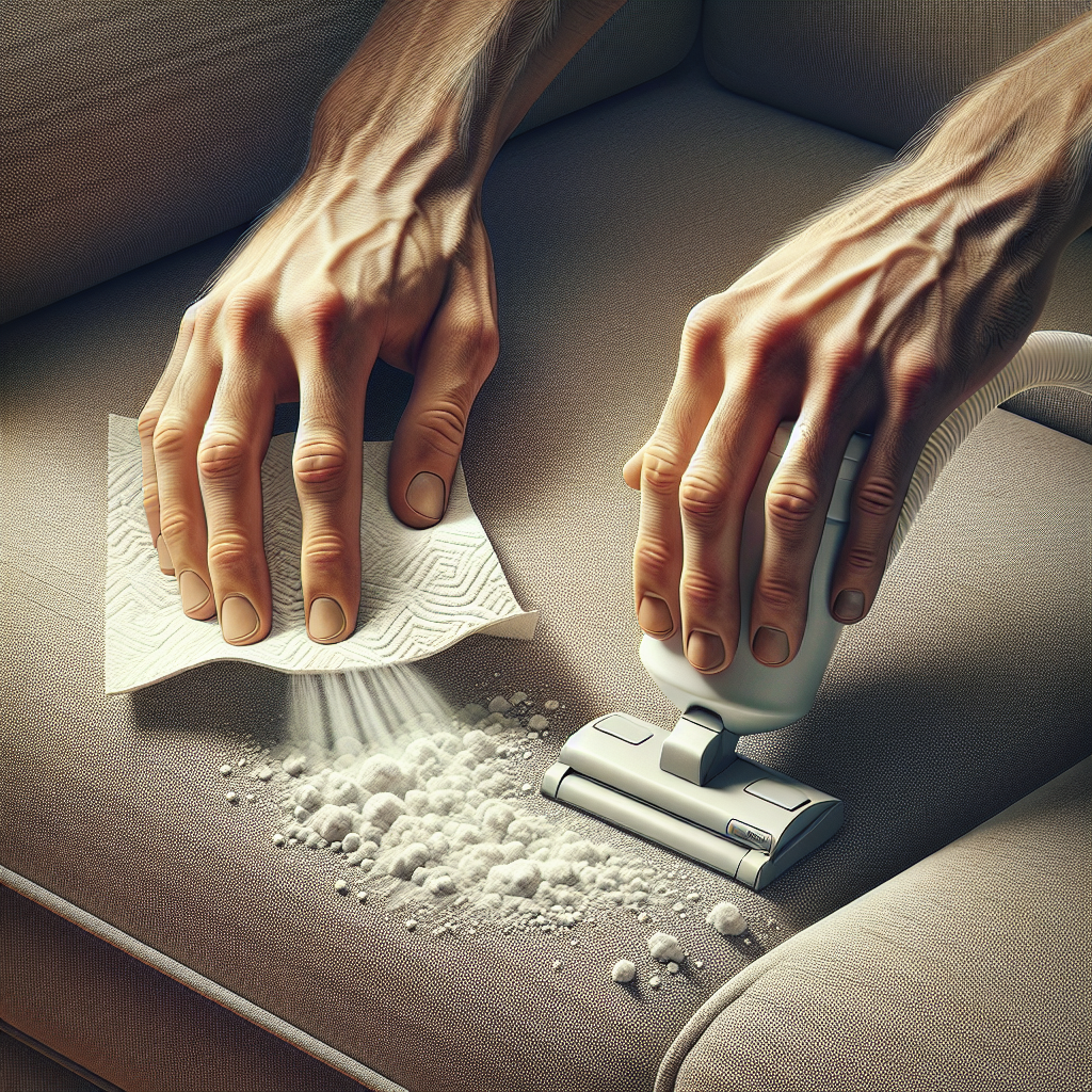 A close-up shot of hands carefully cleaning a couch cushion. One hand is gently pressing a stack of absorbent paper towels onto a lingering wet spot, while the other hand is sprinkling baking soda or a similar white powder over the area. The texture of the fabric couch is clearly visible, and a small vacuum hose is subtly visible in the background, ready for cleanup. The lighting is bright and focused, highlighting the diligent cleaning process, suggesting effectiveness.
