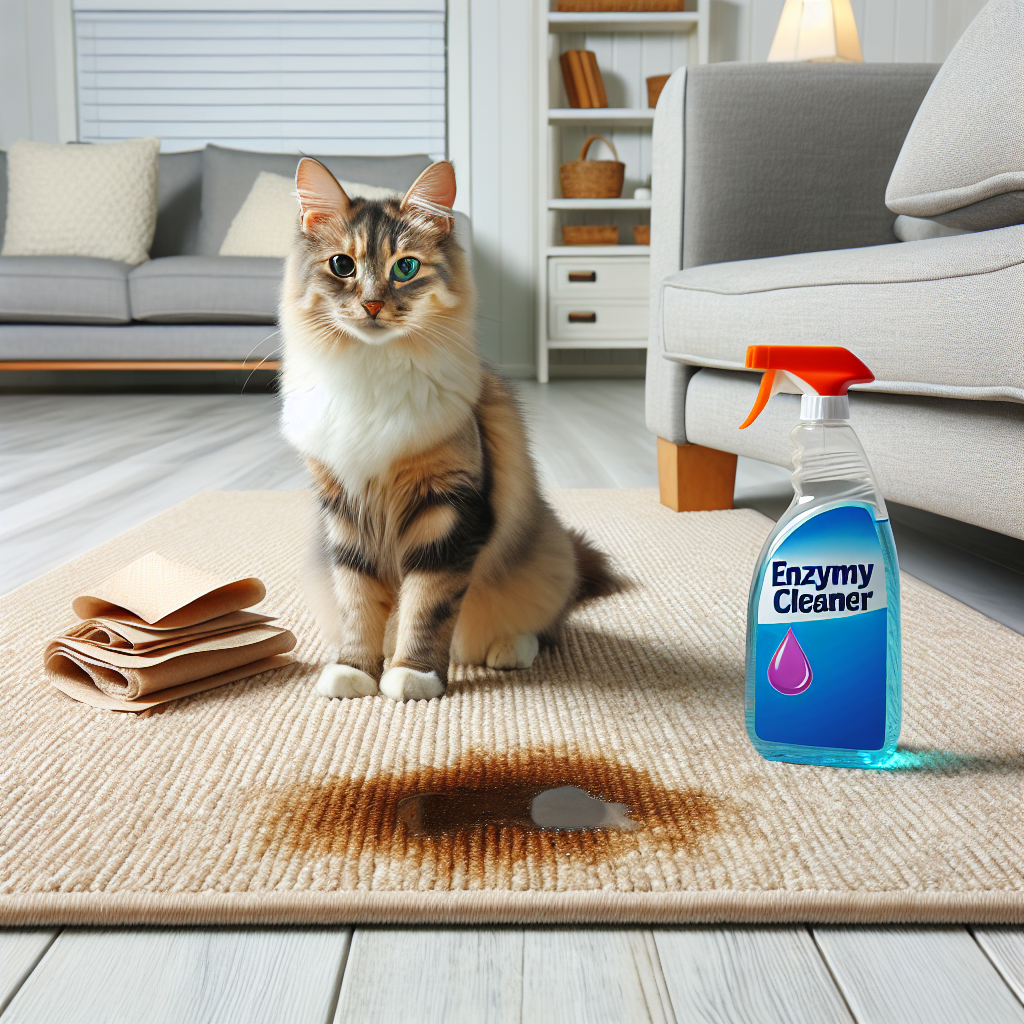 A domestic cat sits near a small, recently cleaned but still slightly damp spot on a light-colored rug. Next to it, there's a spray bottle of a generic 'Enzymreiniger' (enzyme cleaner) and absorbent paper towels. The scene should evoke the initial clean-up effort in a cozy, modern home. Realistic, bright lighting, indoor setting.