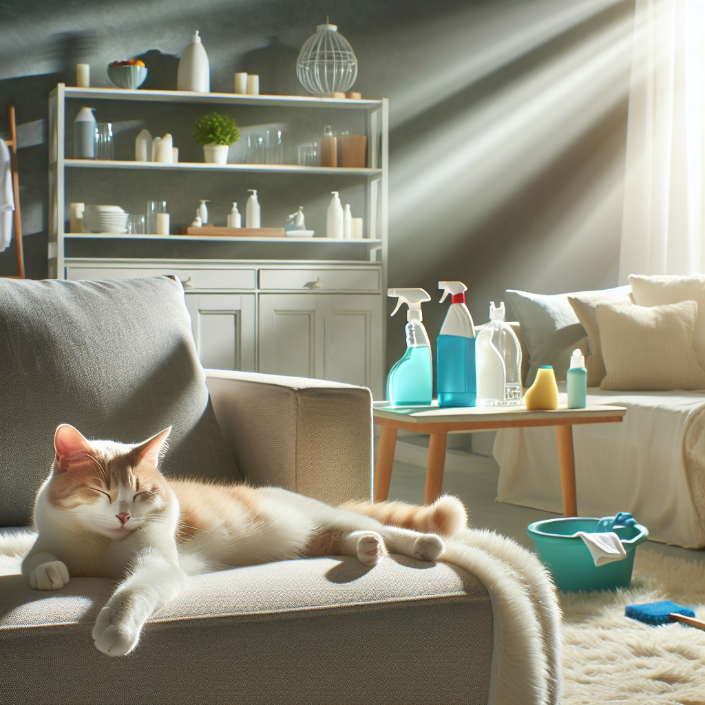 A sparkling clean and fresh-smelling living room, with sunlight streaming through a window. A contented, relaxed cat is stretching on a plush sofa. In the background, on a tidy shelf, are a few generic cleaning products, hinting at a successful odor removal. The overall mood is serene and fresh. Realistic, warm and inviting atmosphere.