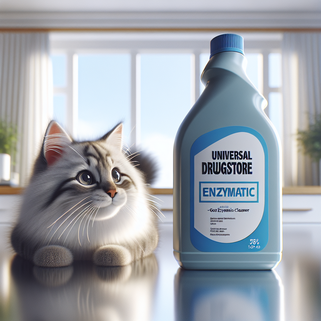 A playful, fluffy cat in a clean, bright home environment, looking curiously at a bottle of 'Enzymreiniger' (enzymatic cleaner) on a sleek, modern surface. The bottle has a generic but recognizable drugstore brand aesthetic, similar to Rossmann. The scene is well-lit, emphasizing cleanliness and a fresh atmosphere. Highly detailed, photorealistic.