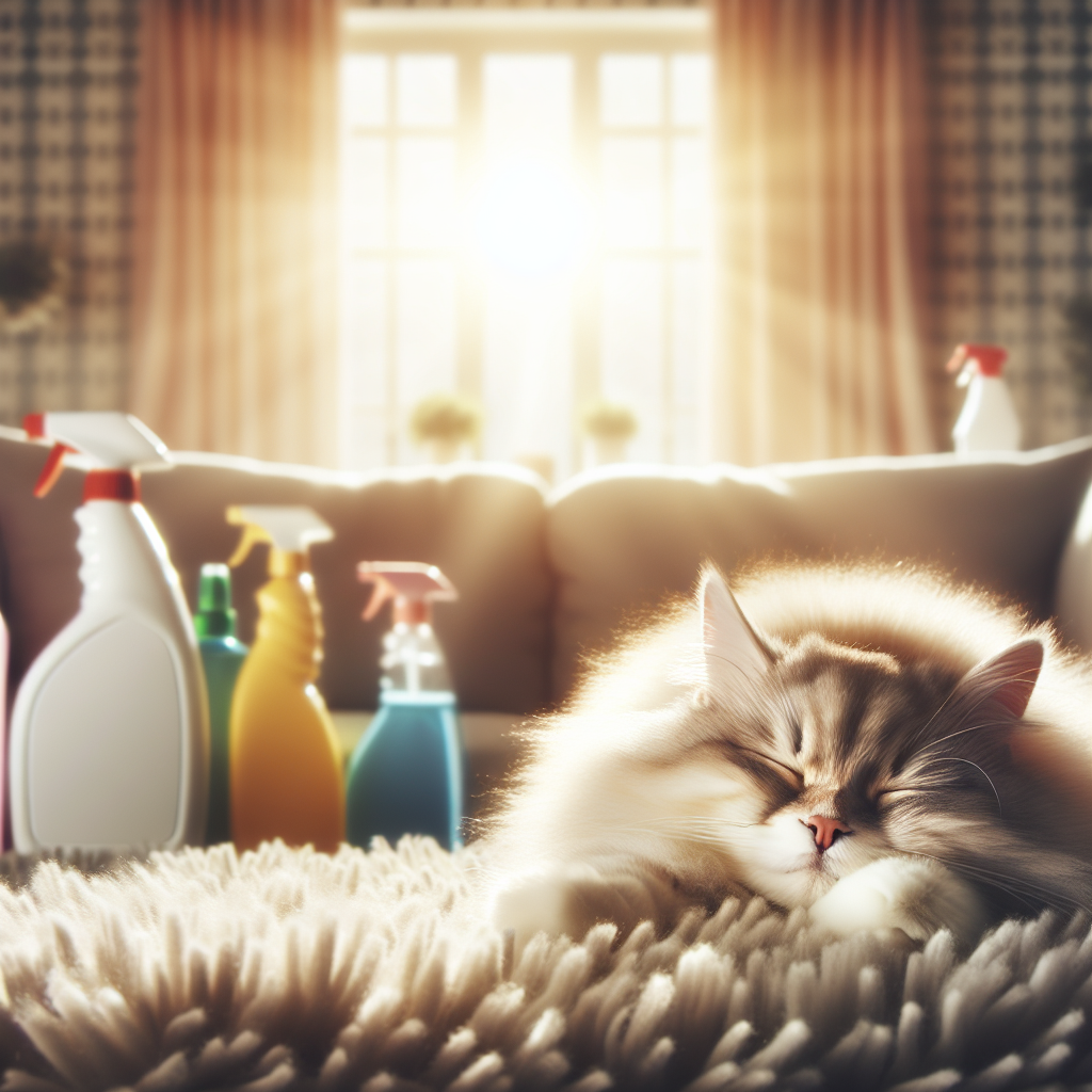 A fluffy, content cat comfortably napping on a pristine, freshly cleaned carpet or sofa. The light is warm and inviting, indicating a pleasant, odor-free home. In the soft-focus background, there are hints of generic cleaning product bottles, suggesting a successful cleaning effort. Photorealistic, cozy atmosphere, focus on comfort and cleanliness.