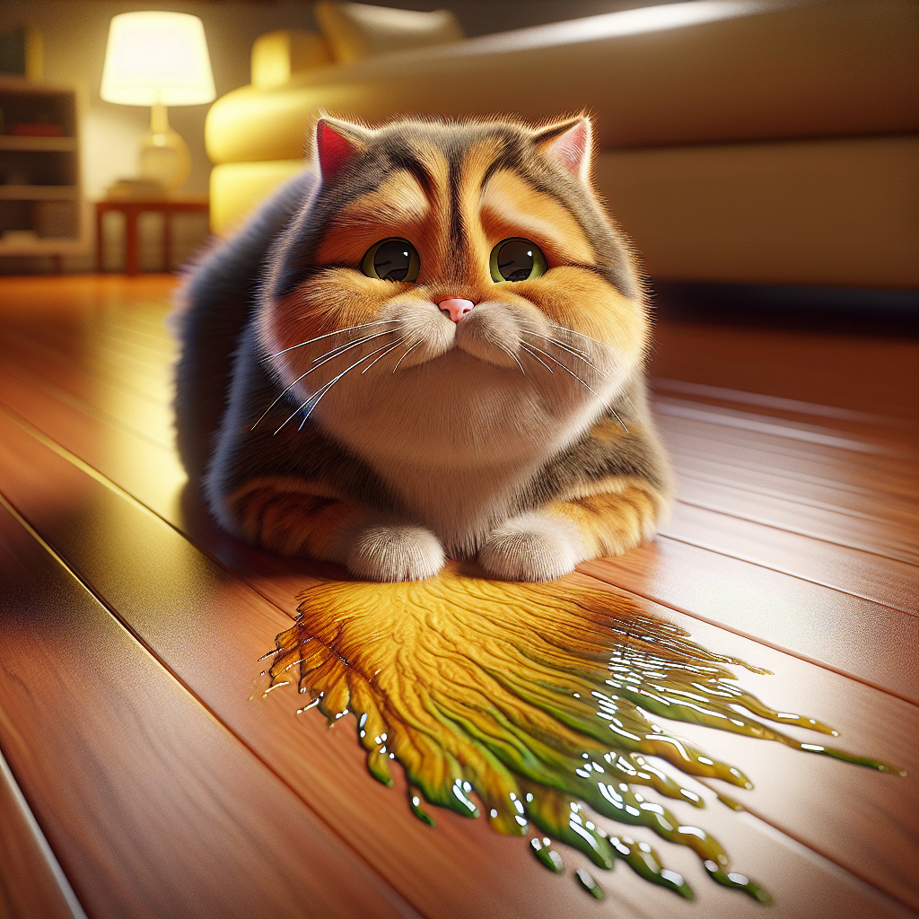 A cute domestic cat looking slightly guilty next to a subtle, damp spot on a polished wooden floor. Faint, slightly green/yellow wavy lines subtly indicate an unpleasant odor rising from the spot. Cozy, well-lit living room setting, realistic style.