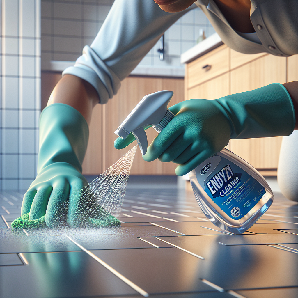 Close-up of a hand in a cleaning glove spraying a specialized 'Enzymreiniger' (Enzyme Cleaner) onto a modern tiled floor. The area where the cleaner is applied is visibly transforming from dull to sparkling clean, symbolizing effective odor removal. Bright, hygienic environment, realistic style.