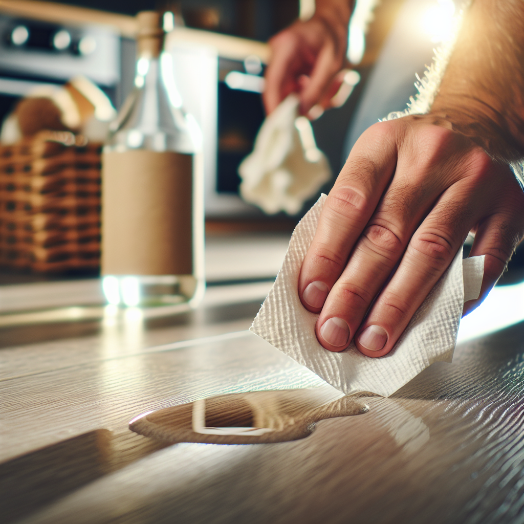 A close-up, slightly elevated shot of a small, barely visible damp spot on light-colored, natural wood-grain laminate flooring. A human hand, holding a crumpled piece of white paper towel, is gently dabbing the spot. In the soft-focus background, a generic bottle of white vinegar and a box of baking soda are subtly visible on a counter or shelf, hinting at home remedies. The lighting is soft and natural, emphasizing the texture of the laminate. Realistic, warm tones.