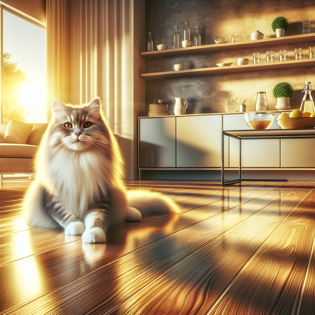 A bright and airy shot of a perfectly clean, shiny laminate floor in a modern, cozy living room. A fluffy, content cat is stretched out gracefully on the clean floor, looking relaxed and happy. Sunlight streams through a nearby window, illuminating the polished surface. On a small side table or shelf in the background, a small bowl of baking soda, a bottle of vinegar, and a few fresh lemon slices are neatly arranged, symbolizing freshness and natural cleaning. High detail, vibrant, serene atmosphere.