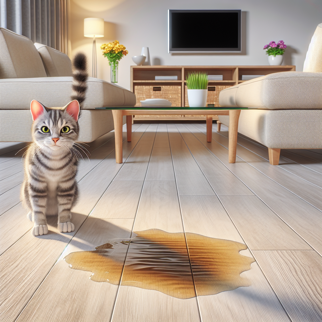 A high-angle shot of a mischievous or guilty-looking cat sitting next to a subtle, slightly damp stain on a light-colored laminate floor in a bright, modern living room. A faint, stylized 'smell' aura subtly emanates from the stain, conveying the problem without being unappetizing. Realistic, warm lighting.
