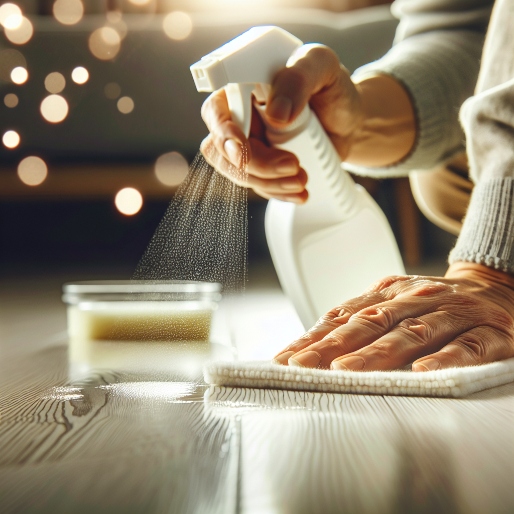 A close-up shot focusing on hands gently cleaning a spot on a pristine laminate floor with a spray bottle and a soft cloth. The laminate is clean and well-maintained. In the background, slightly out of focus, there's a small bowl with a clear liquid, hinting at home remedies like vinegar solution. Bright, clean, and detailed aesthetic.