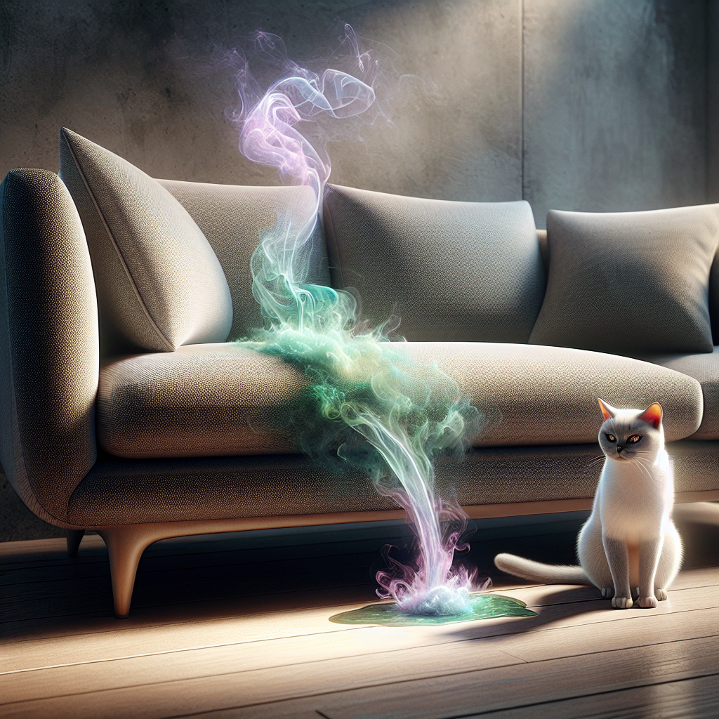 A stylish, modern sofa in a well-lit living room, with a subtle, translucent, swirling cloud of unpleasant green-purple vapor rising from a small, damp spot on one of the cushions, symbolizing a strong cat urine odor. A domestic short-haired cat is sitting innocently on the floor next to the sofa, looking away. Realistic photo, shallow depth of field, warm light.