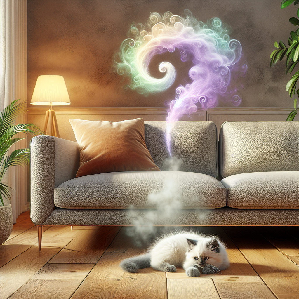 A photorealistic image of a stylish, light-colored sofa in a modern living room. A cute, fluffy cat is curled up asleep on one cushion. Above a small, subtle damp spot on the sofa, a faint, almost transparent, cartoon-like swirl of green or purple vapor gently rises, representing an unpleasant odor. The overall scene should be warm and inviting, but with this subtle hint of a common household challenge. Soft, natural lighting.