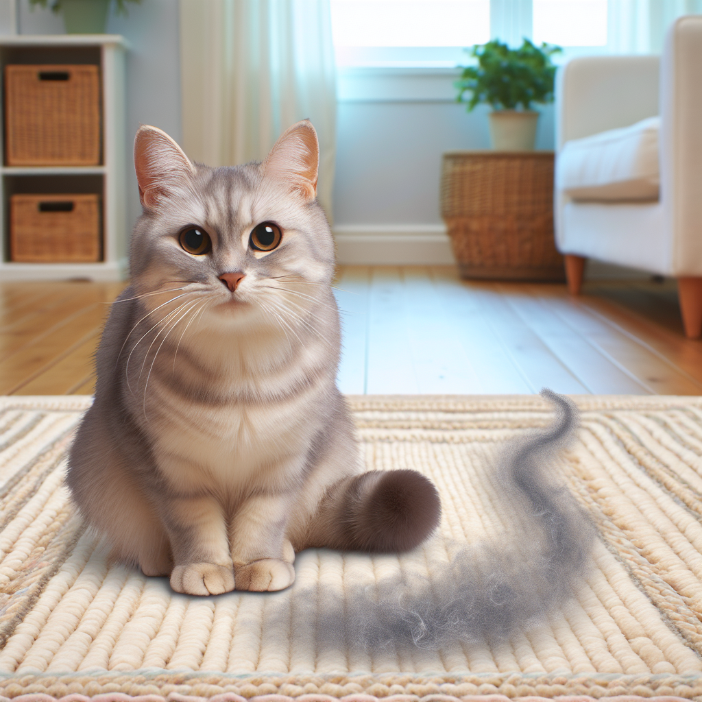 A cute cat sitting on a clean, light-colored carpet, looking innocently at the viewer. Next to the cat, a very subtle, abstract, almost transparent visual representation of an unpleasant odor (like a faint, swirling grey vapor) gently rises from the carpet, hinting at a hidden smell problem. The scene is clean, domestic, and brightly lit, focusing on the contrast between the adorable pet and the implied issue.