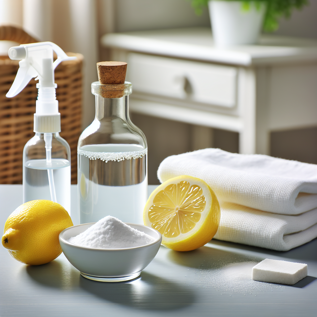 A bright, clean, and well-organized tabletop scene showcasing natural home remedies for odor removal. A clear glass bottle of white vinegar, a small bowl overflowing with white baking soda, and a freshly cut lemon with a few drops of juice visible are arranged aesthetically. A clean spray bottle and a folded white cloth are also present, suggesting a practical cleaning solution. The overall mood is fresh, helpful, and natural.