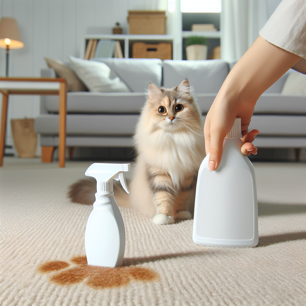 A fluffy cat with wide, innocent eyes sitting near a small, slightly damp spot on a light beige carpet in a cozy living room. In the background, a blurred hand is reaching for a generic white spray bottle labeled 'Odor Remover' or 'Enzyme Cleaner'. The scene should convey a common pet owner dilemma and a ready solution, with soft, natural light, realistic photography style.