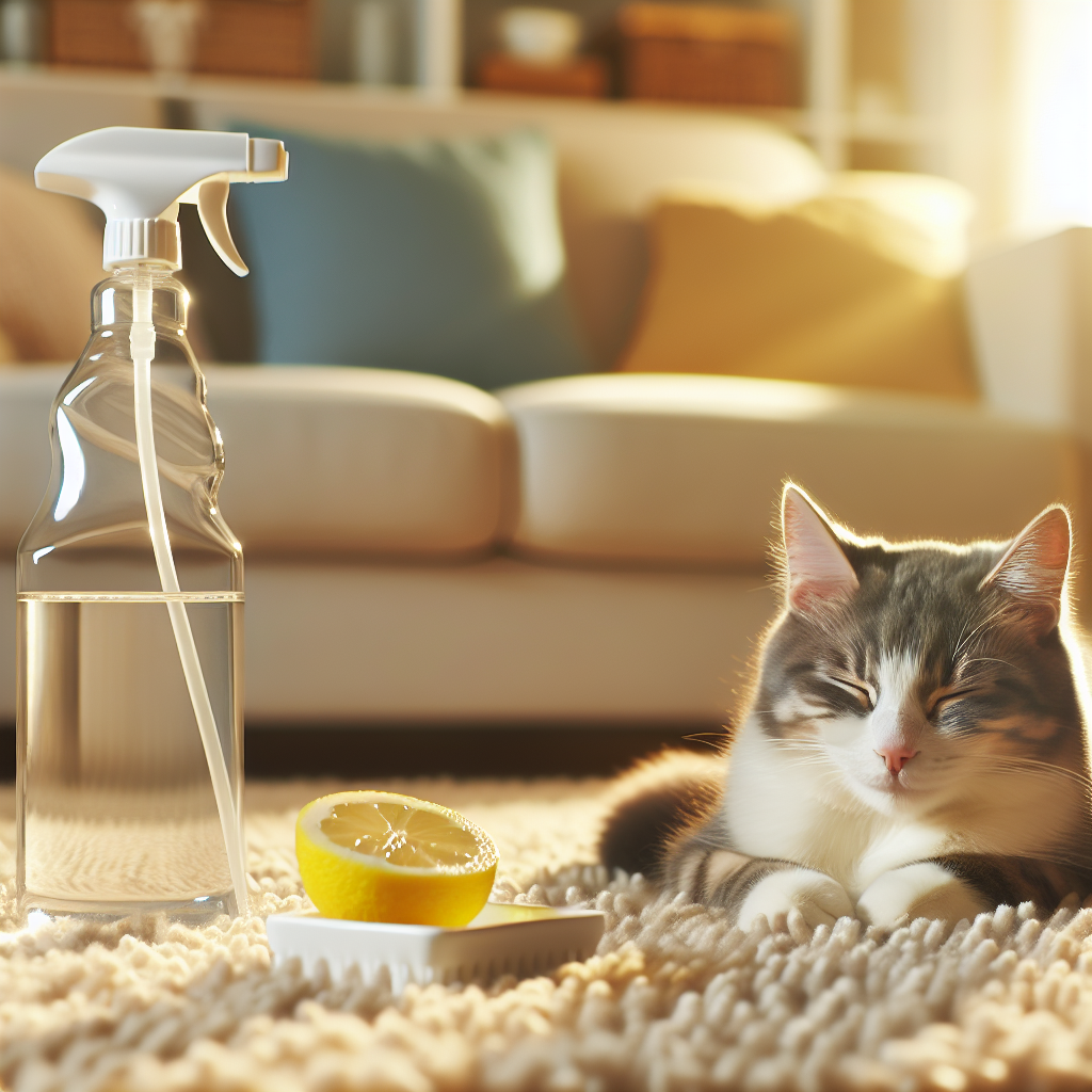 A cozy and clean living room bathed in soft, warm light. A contented domestic shorthair cat is peacefully curled up on a plush, spotless rug. In the foreground, slightly out of focus, a spray bottle of 'Geruchsentferner' and a small bowl with a lemon slice subtly symbolize freshness and cleanliness. The overall atmosphere exudes a sense of comfort and an odor-free home.