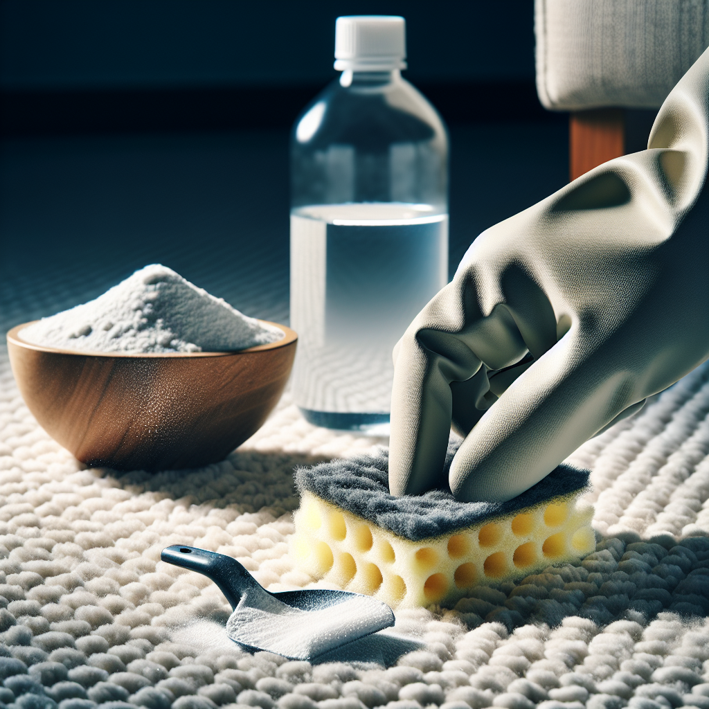 A close-up shot of a gloved hand, possibly holding a sponge or cloth, actively cleaning a specific spot on a light-colored carpet or upholstery. Next to the hand, a bowl of white powder (representing baking soda or Natron) and a bottle of clear liquid (like vinegar) are visible. The focus is on the act of cleaning and removing odors, with a sense of effectiveness and restoration. Bright, clean lighting.