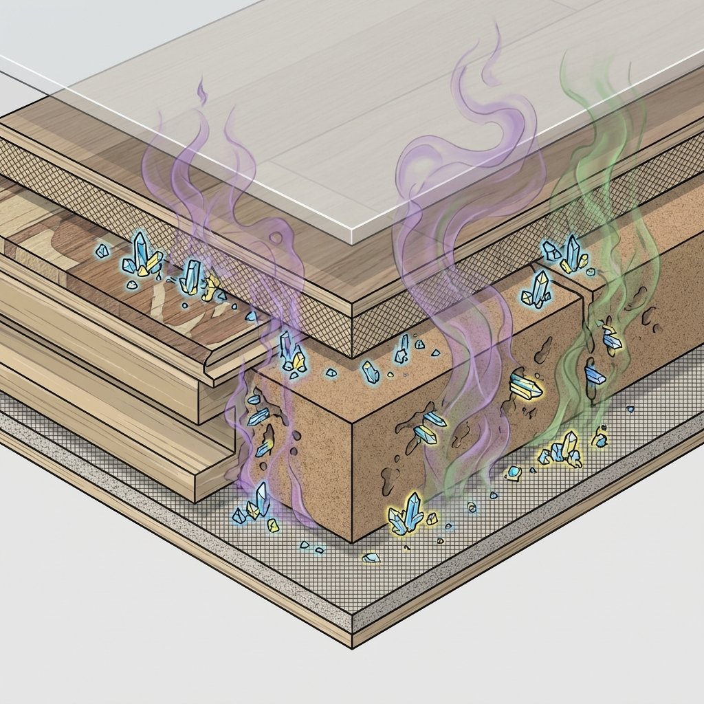 A detailed infographic-style illustration showing a magnified, cross-sectional view of laminate flooring. Tiny, crystalline structures, representing uric acid, are depicted deeply embedded within the visible layers and seams of the laminate. Faint, ethereal wisps of purple or green vapor emanate from these crystals, symbolizing the persistent, reactivated odor. The surrounding laminate material subtly suggests a porous texture, allowing for deep penetration. The overall visual should clearly communicate the hidden nature of the odor source.